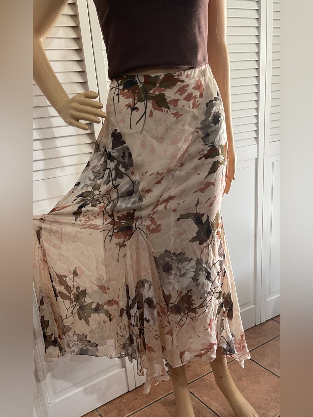 Dana Buchman Floral Maxi Skirt in Ivory with Pink & Olive Accents